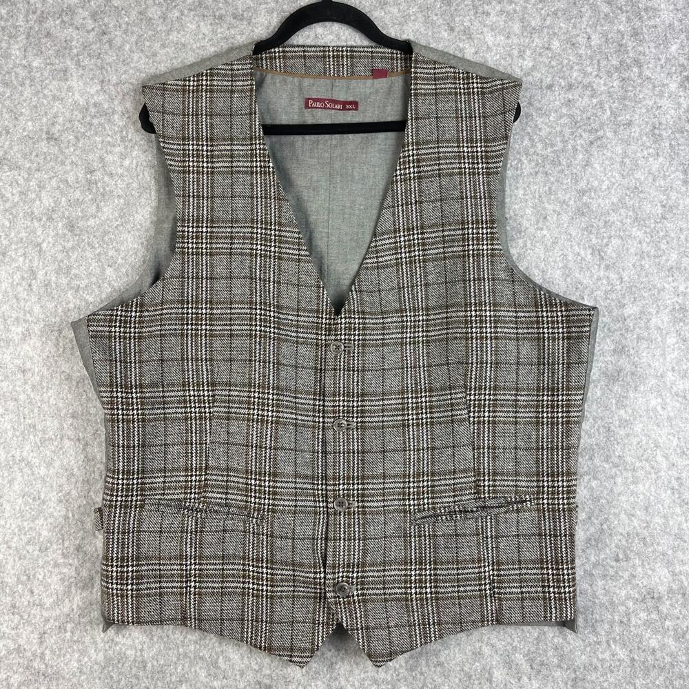 Paulo Solari Vest Waistcoat Mens 3XL Gray Plaid Wool Blend Preppy Hipster